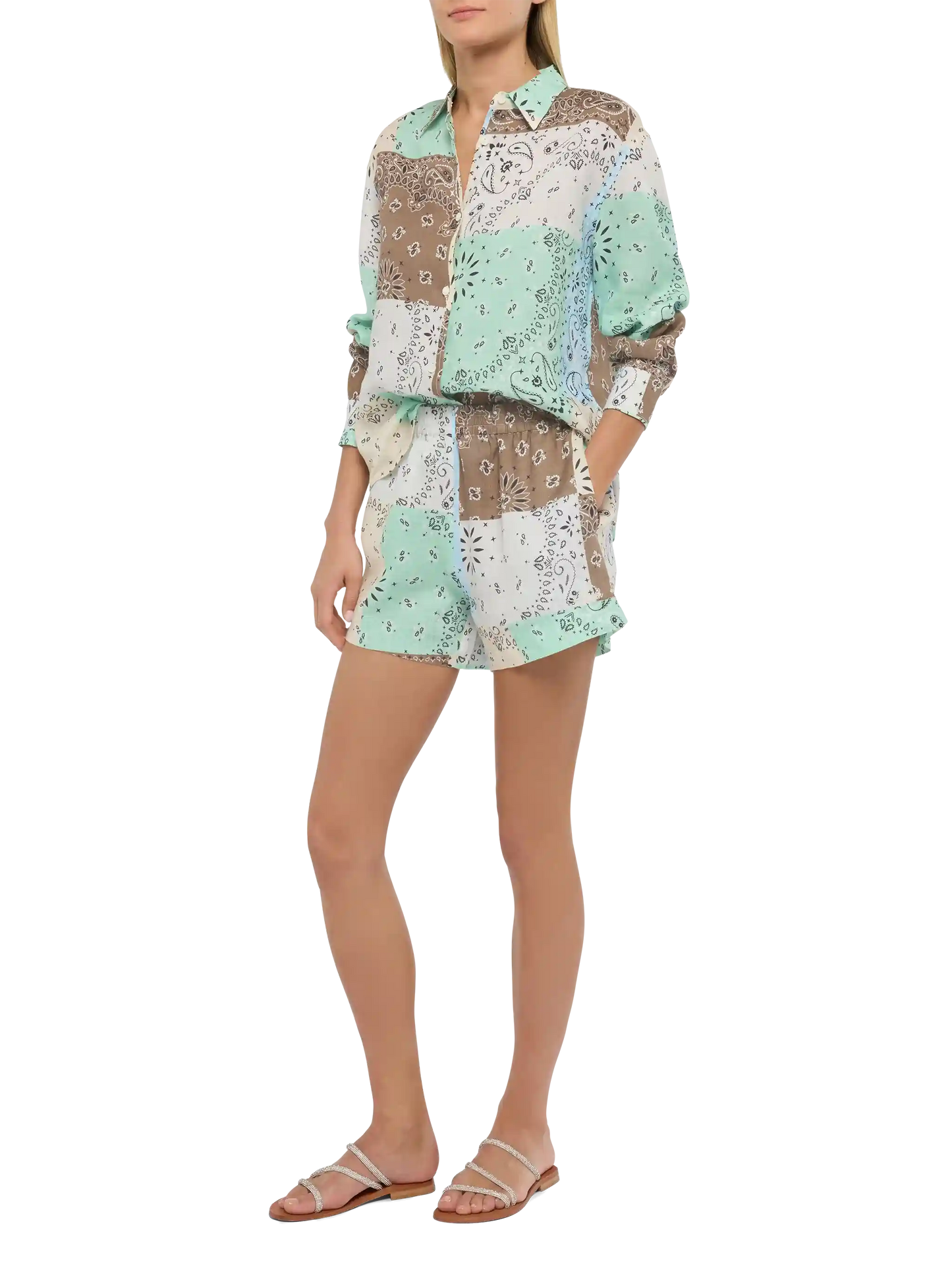 Meave – Pull-Up-Shorts aus Leinen mit Bandanna-Patch-Print