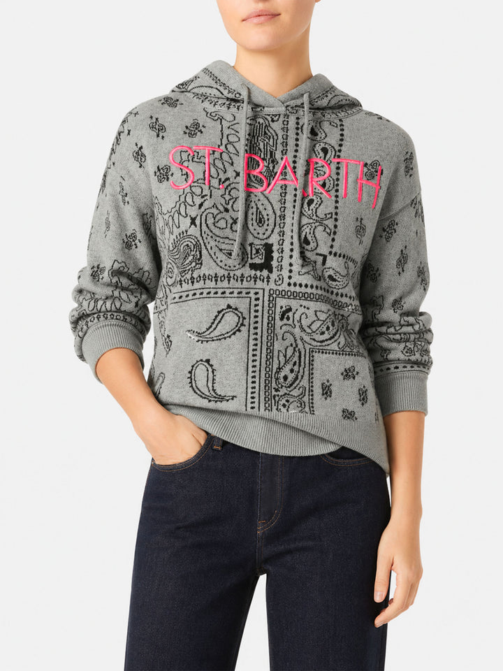 Grey Meg cropped hoodie in blended cashmere with bandana print