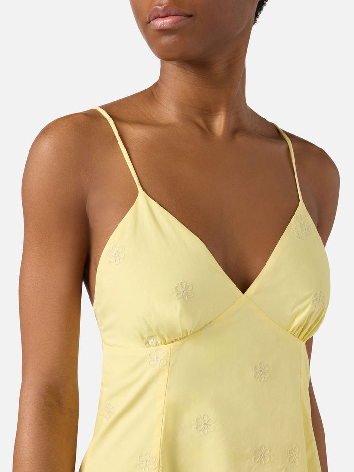 Short Marge dress in yellow cotton with floral embroidery