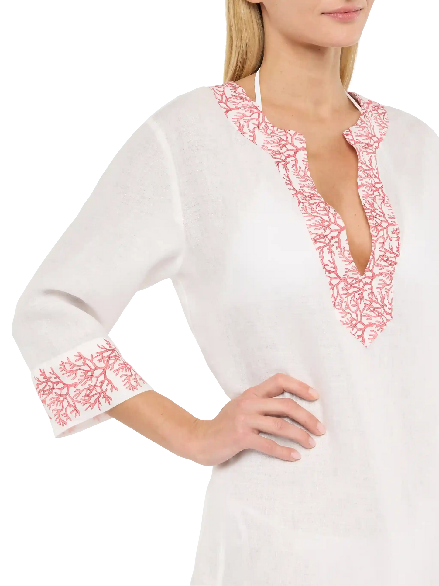 Macha linen tunic dress with coral print