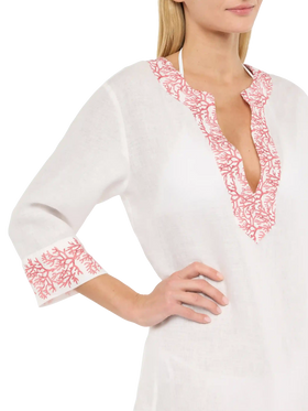 Macha linen tunic dress with coral print
