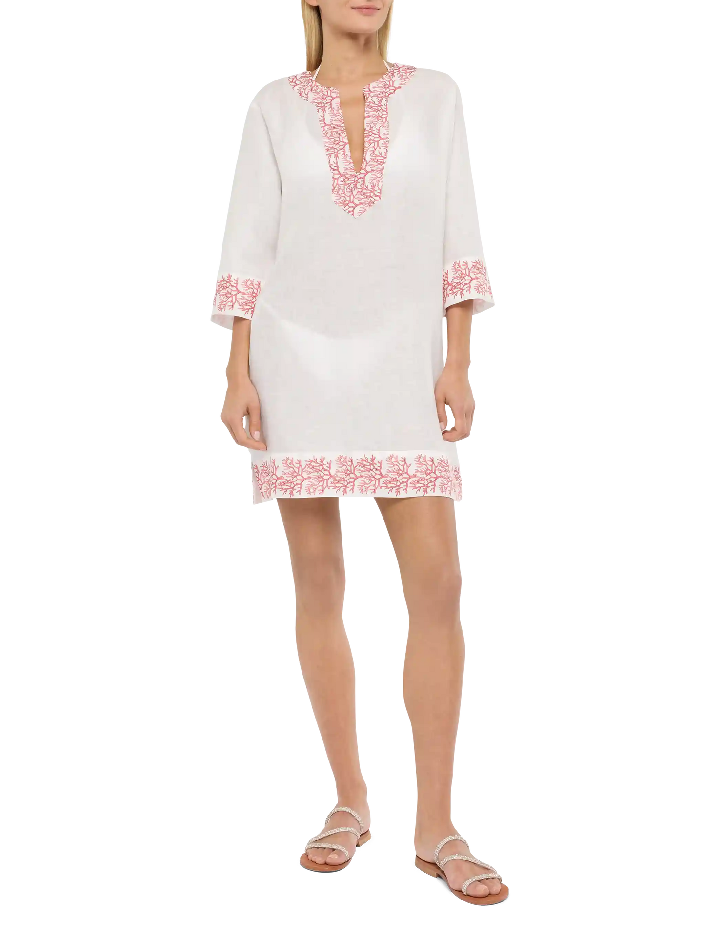 Macha linen tunic dress with coral print