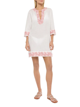 Macha linen tunic dress with coral print
