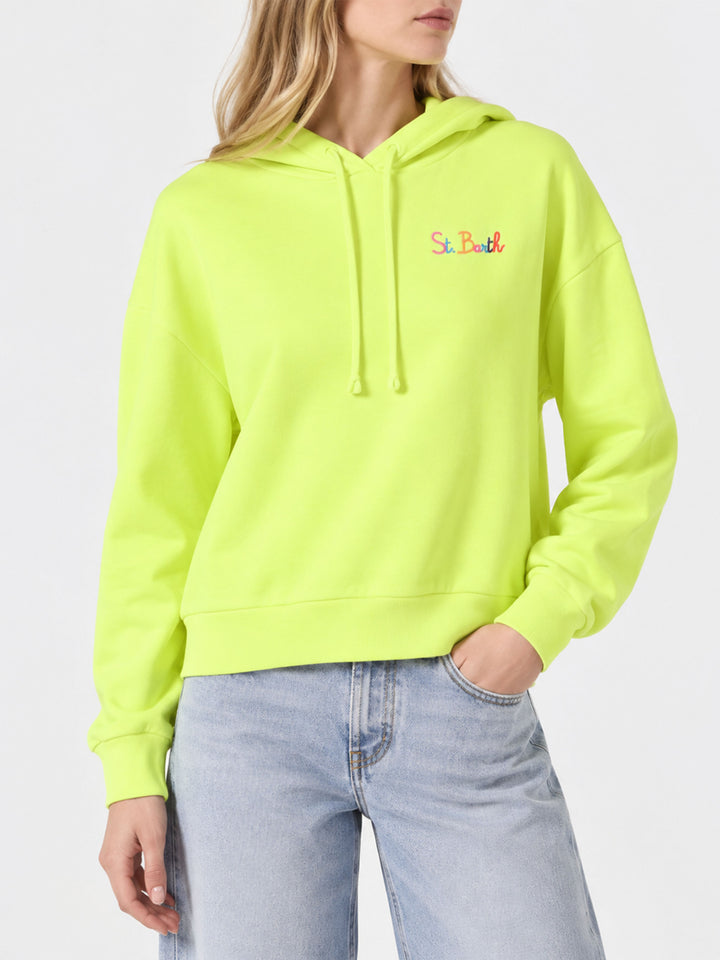 Sweat à capuche jaune fluo avec broderie St. Barth 