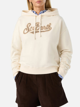 Sudadera con capucha Mindy Off white con inserto de logo tartán 