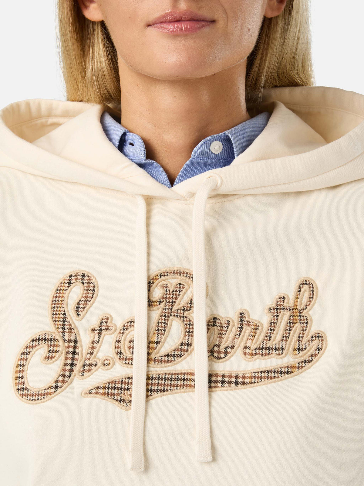 Sudadera con capucha Mindy Off white con inserto de logo tartán 