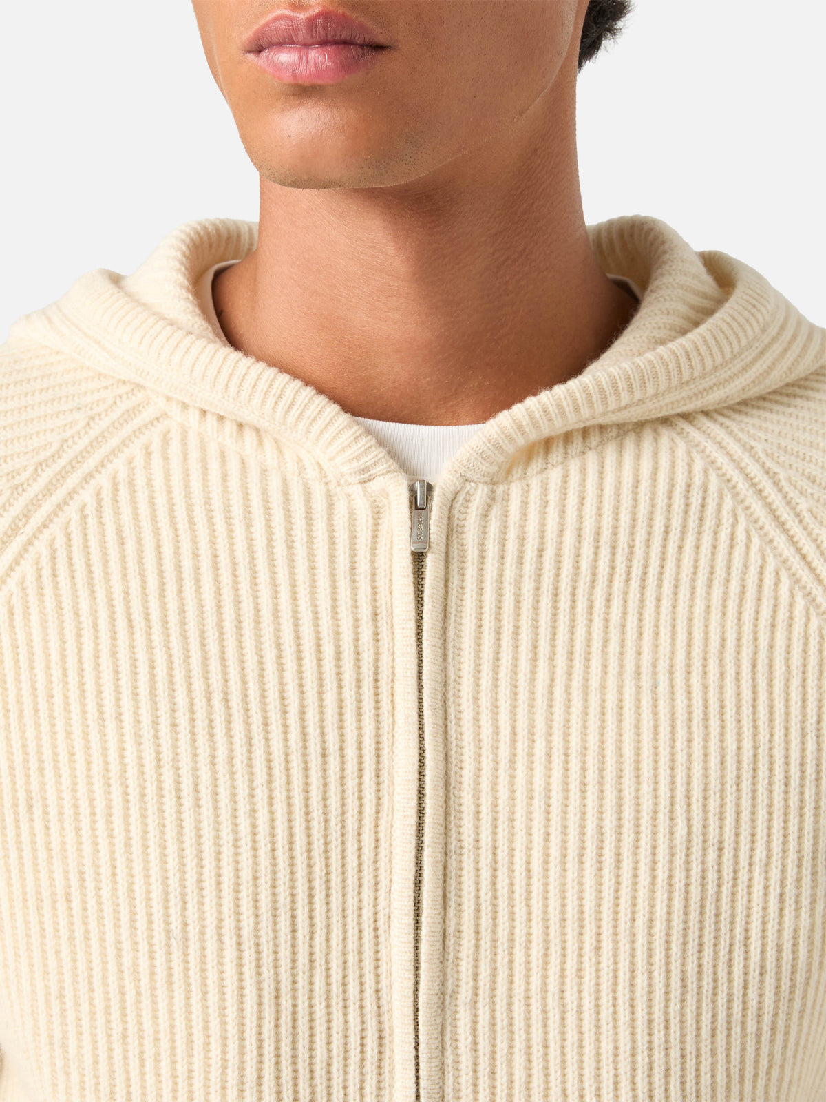 Beiger Malcolm Strick-Hoodie aus Wolle mit durchgehendem Reißverschluss 