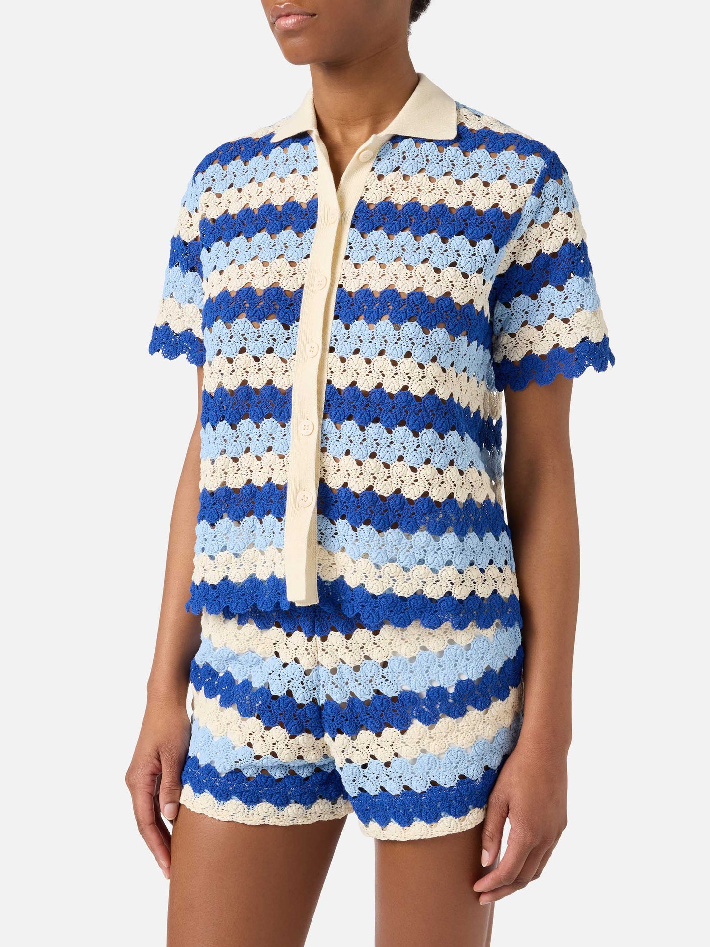 Monet crochet-effect cotton knit polo with striped pattern