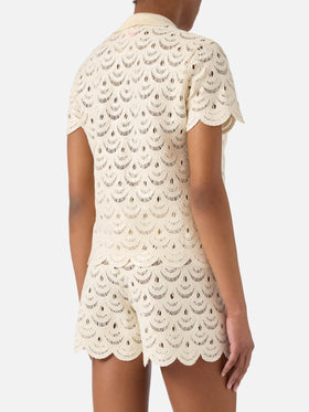 Meave crochet-effect cotton knit polo with sequins