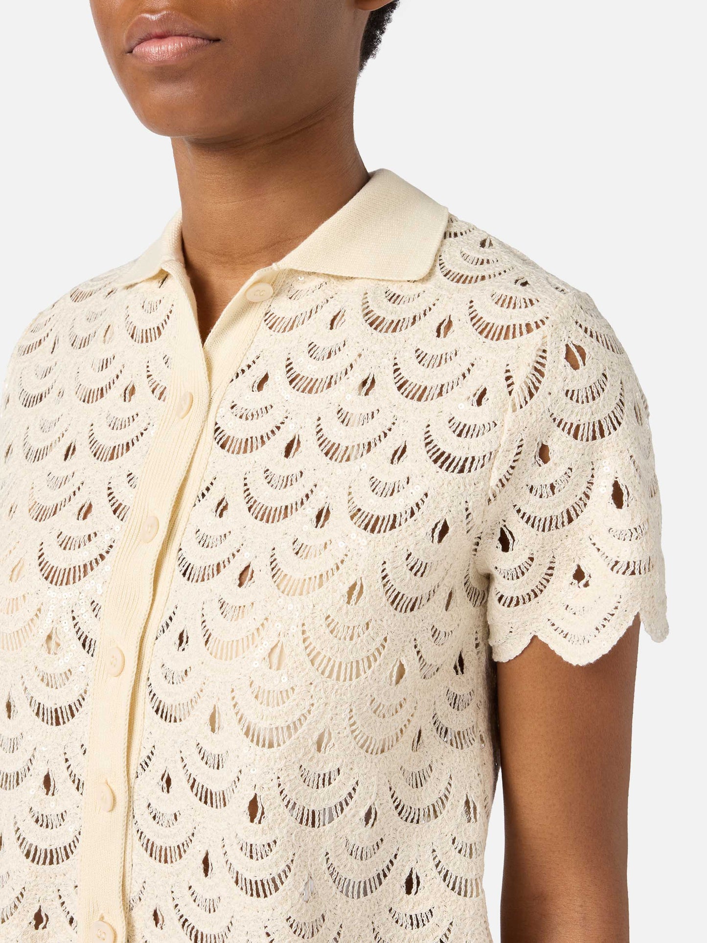 Meave crochet-effect cotton knit polo with sequins