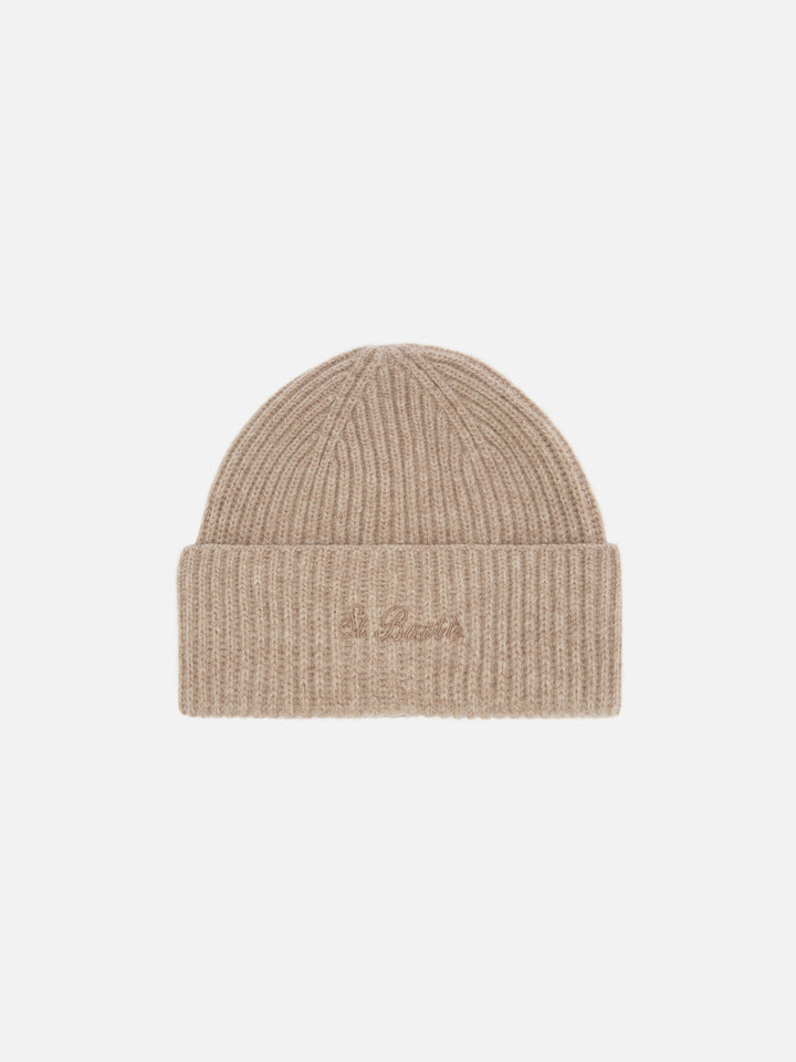 Moss Beanie in khaki ribbed knit with St. Barth embroidery