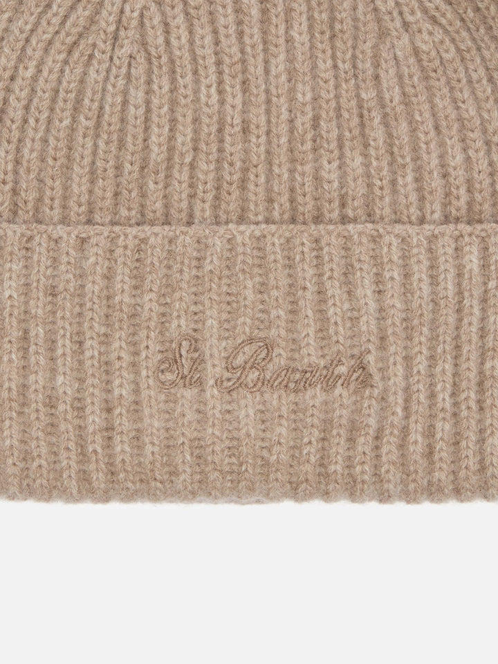 Moss Beanie in khaki ribbed knit with St. Barth embroidery