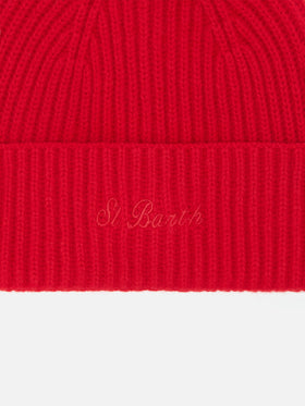Moss Beanie in red ribbed knit with St. Barth embroidery