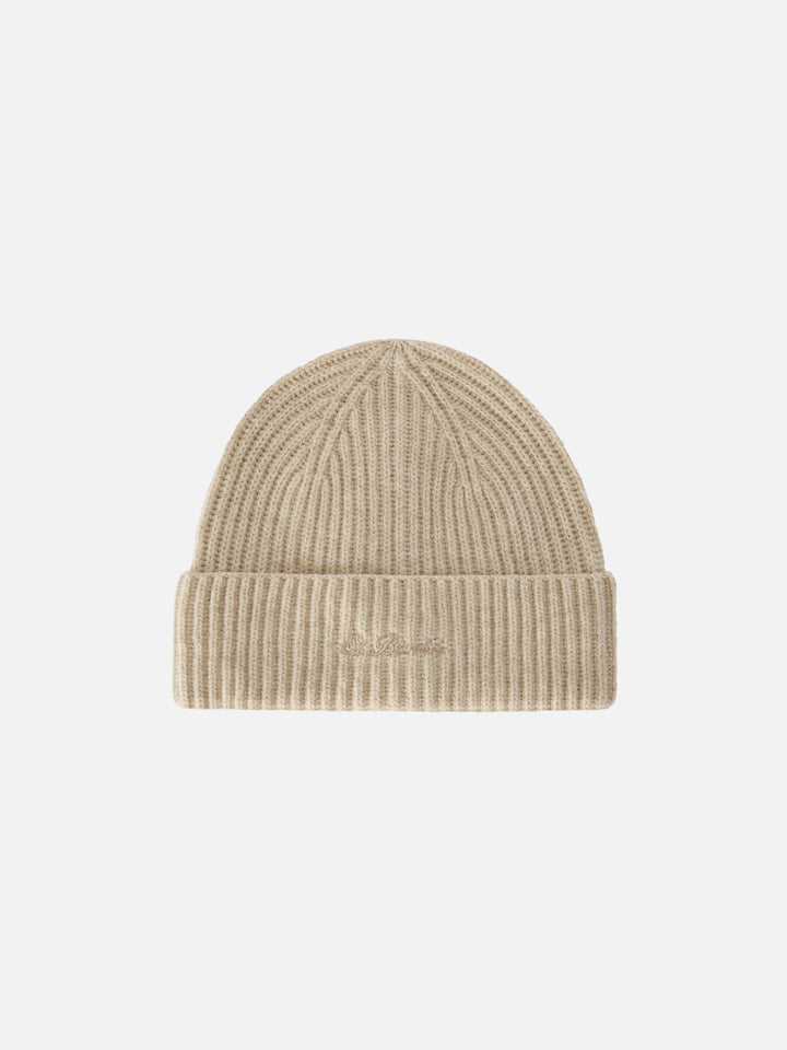 Beige Moss wool beanie with logo embroidery