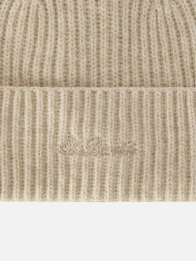 Gorro beanie de lana Beige Moss con bordado del logo 