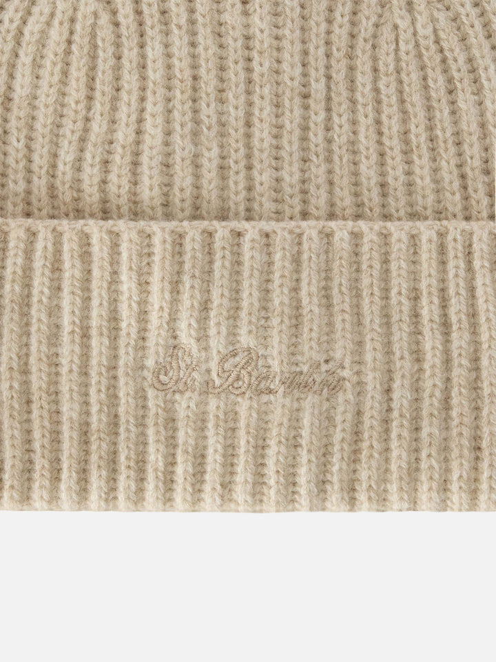 Beige Moss wool beanie with logo embroidery