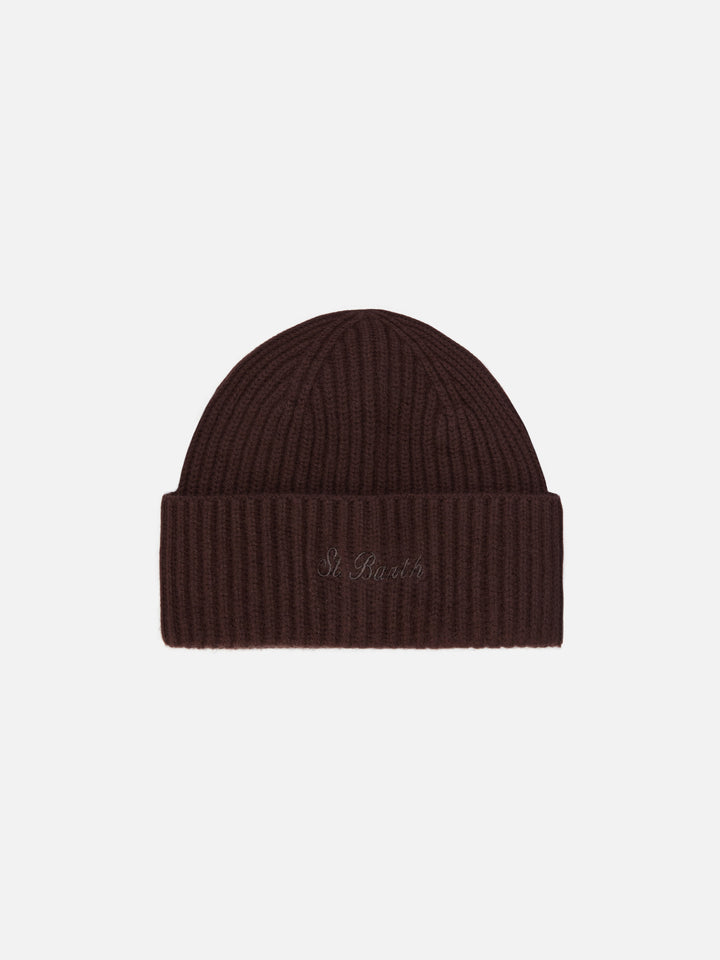 Moss Beanie in brown ribbed knit with St. Barth embroidery