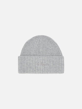 Moss Beanie in gray melange ribbed knit with St. Barth embroidery