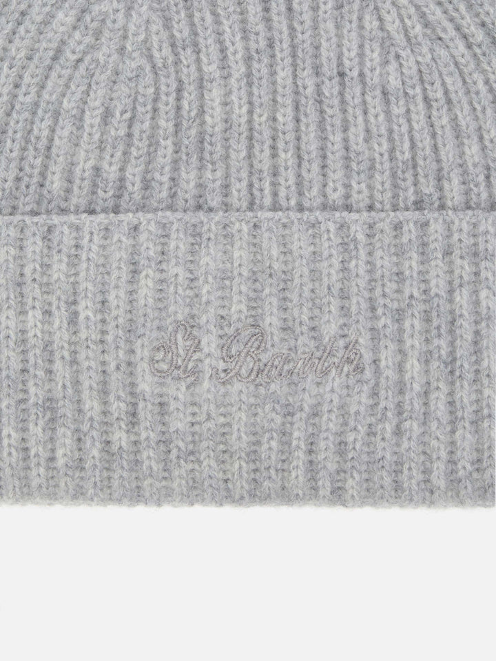 Moss Beanie in gray melange ribbed knit with St. Barth embroidery