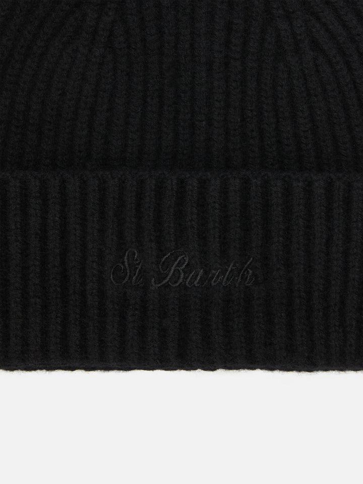 Moss Beanie in black ribbed knit with St. Barth embroidery