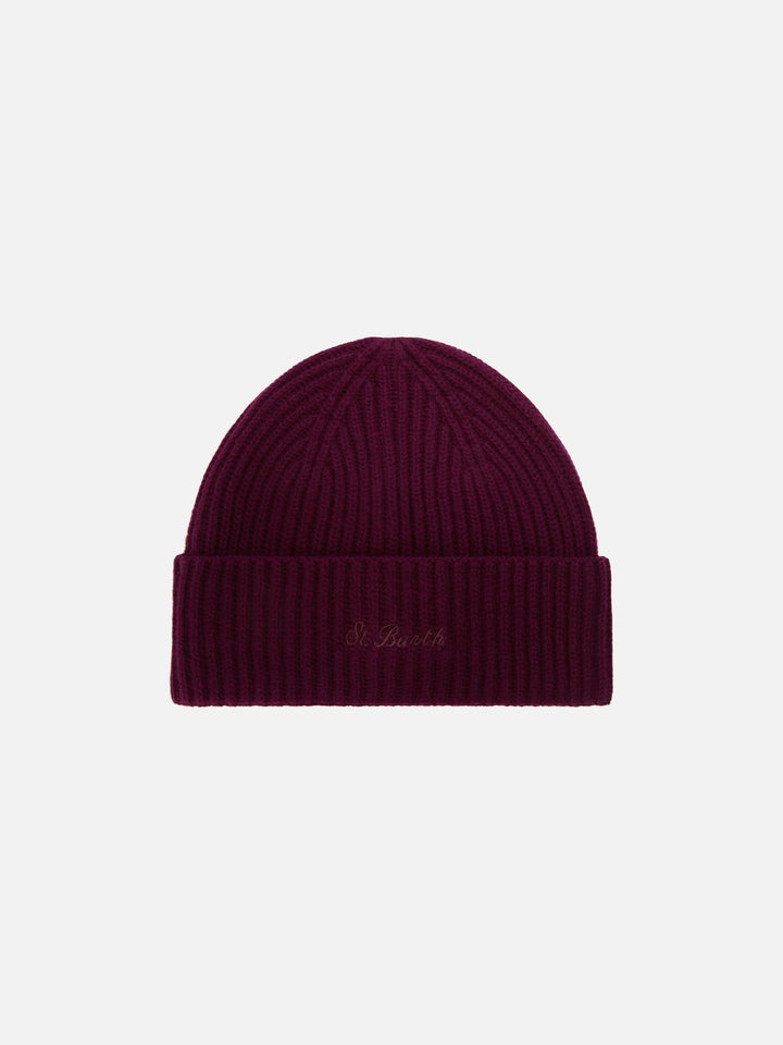 Aubergine Moss Woll-Beanie mit Logostickerei 