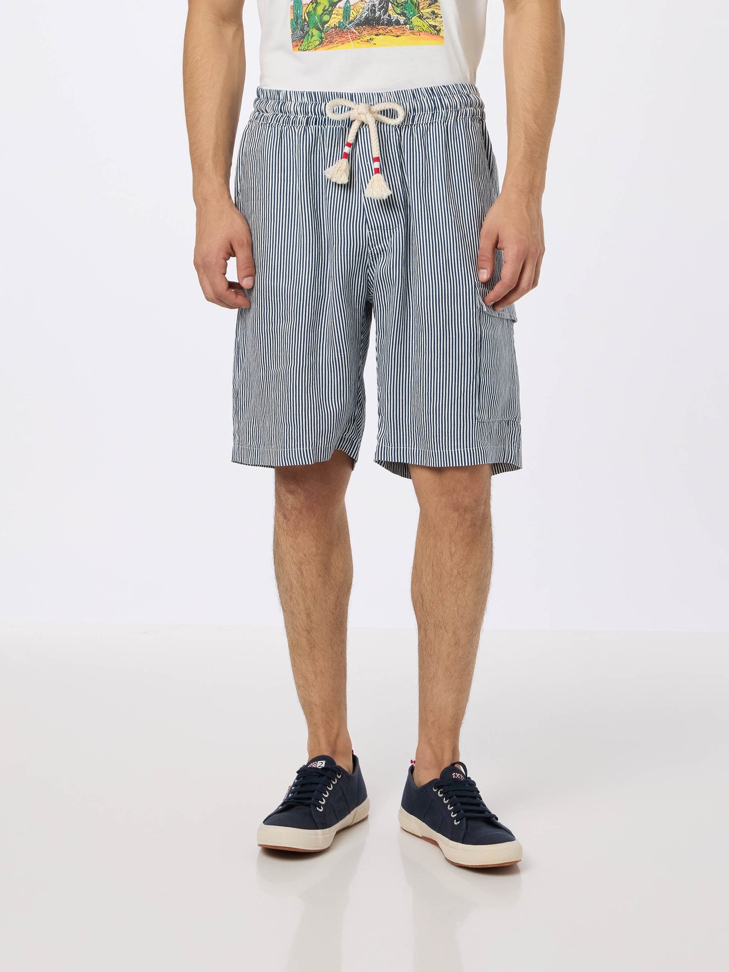 Blau gestreifte Leinen-Bermudashorts für Herren Marseille