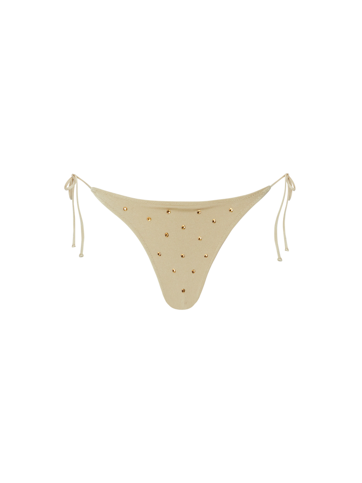 Klassische Badehose „Marielle“ in Gold mit Strassverzierung – U-Ausschnitt-Bralette „Paloma“ in Gold mit Strassverzierung