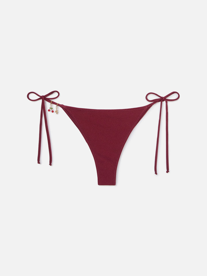 Marielle brazilian bikini bottoms in burgundy glossy-finish fabric with charm details