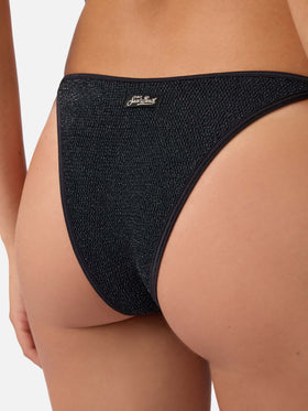 Bas de bikini brésilien à ficelles Marielle en tissu gaufré noir 