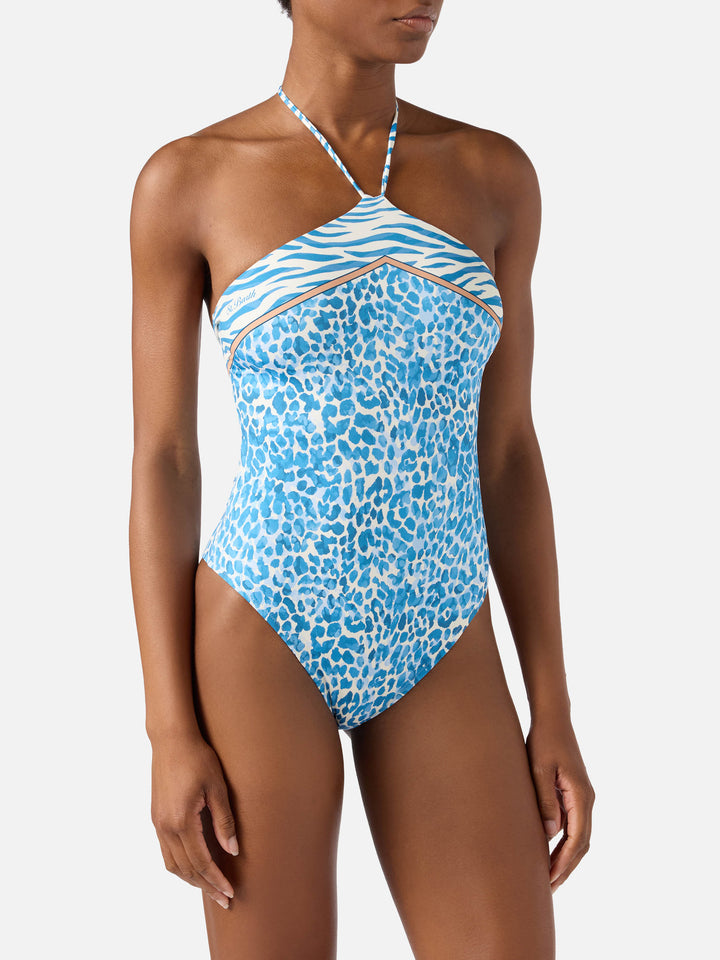 Costume intero Meryem con stampa animalier leopardata azzurra