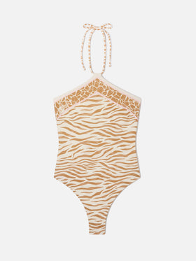 Costume intero Meryem con stampa animalier zebrata marrone