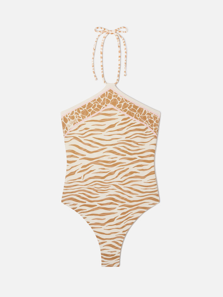 Meryem Badeanzug mit braunem Zebra-Animal-Print 