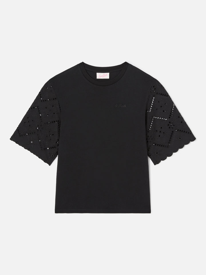 Black Maisa T-shirt with sangallo sleeves and St. Barth embroidery