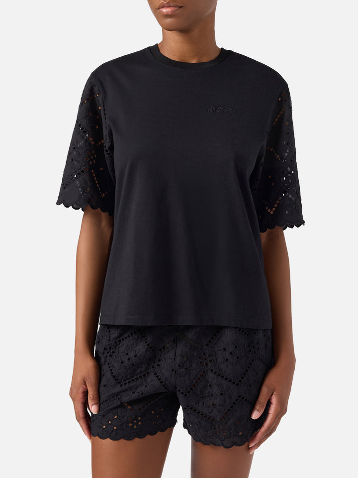 T-shirt Maisa nera con maniche in sangallo e ricamo St. Barth