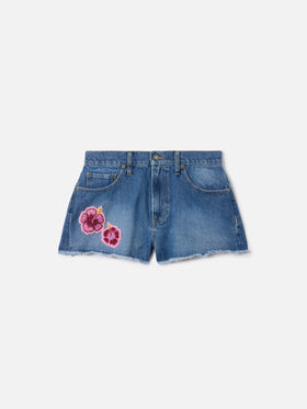 Shorts Musa in denim con patch floreali ricamate
