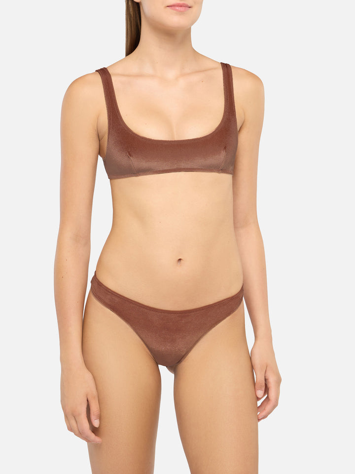 Naomi camel brown velvet cheeky swim briefs - Naima camel brown velvet classic bralette top