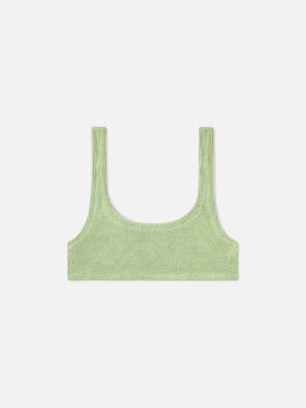 Naima bralette bikini top in light green crinkle lurex fabric
