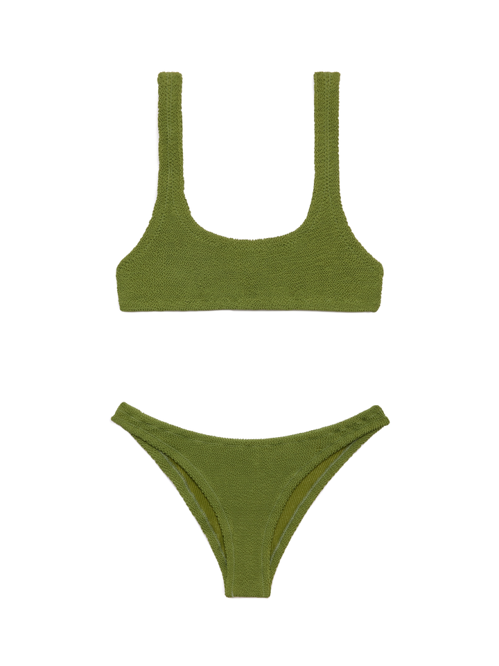 Klassische militärgrüne Crinkle-Badehose „Elise“ – klassisches militärgrünes Crinkle-Bralette-Oberteil „Naima“