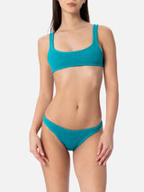 Woman teal lurex crinkle cheeky swim briefs Naomi