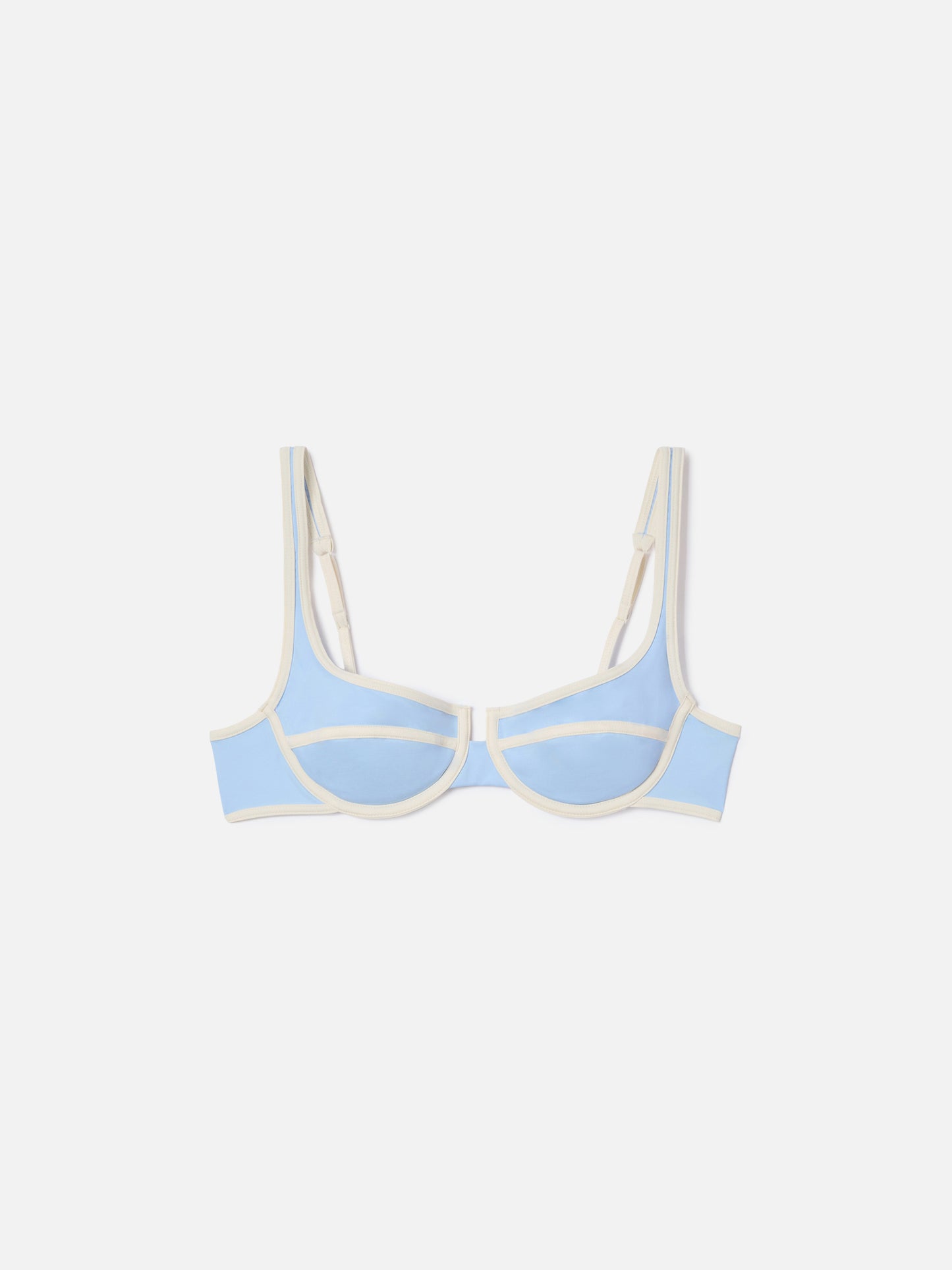 Amira String balconette bikini top in light blue with white trims