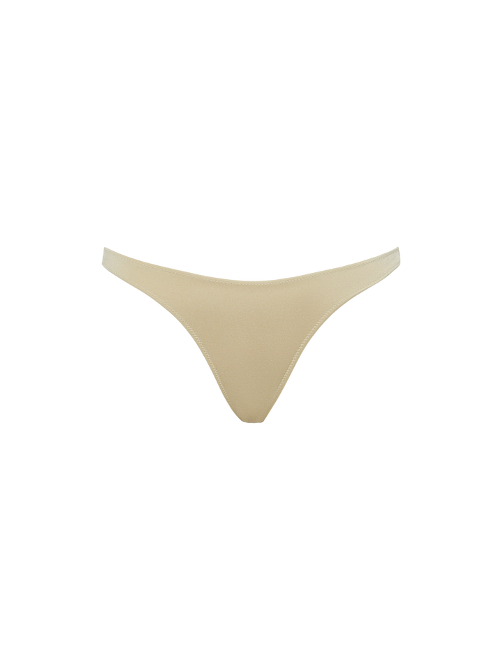 Schimmernde, goldene Cheeky-Badehose „Naomi“ – schimmerndes, goldenes One-Shoulder-Bralette-Top „Celestine“