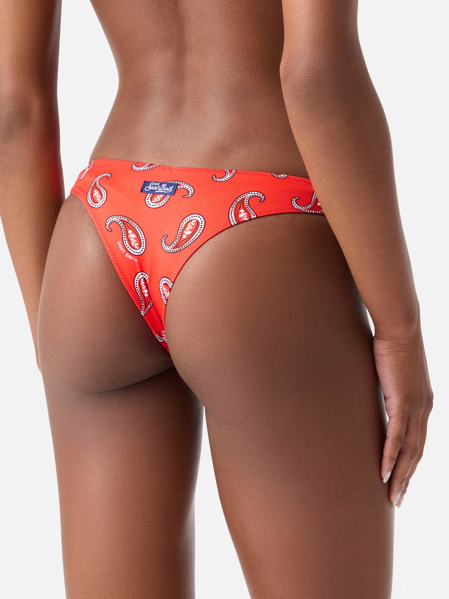 Red Naomi cheeky swim briefs with paisley print