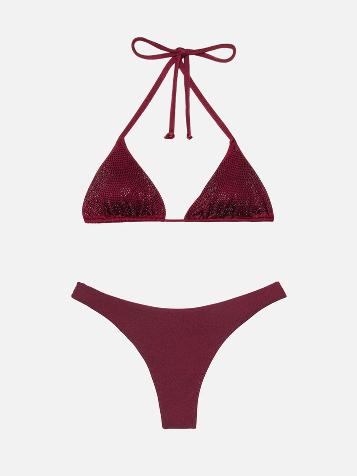 Naomi burgundy cheeky swim briefs with rhinestone embellishment - Annabelle triangle top swimsuit with rhinestones