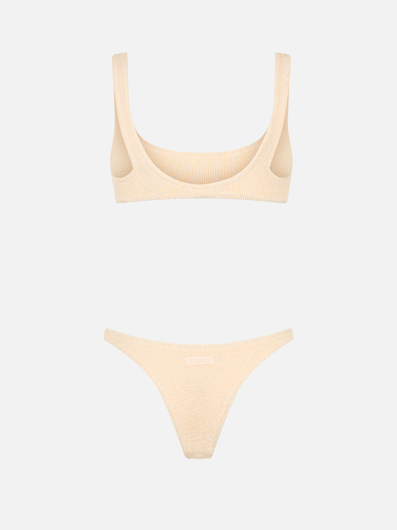 Beigefarbener klassischer Crinkle-Bralette-Bikini für Damen Naima Naomi