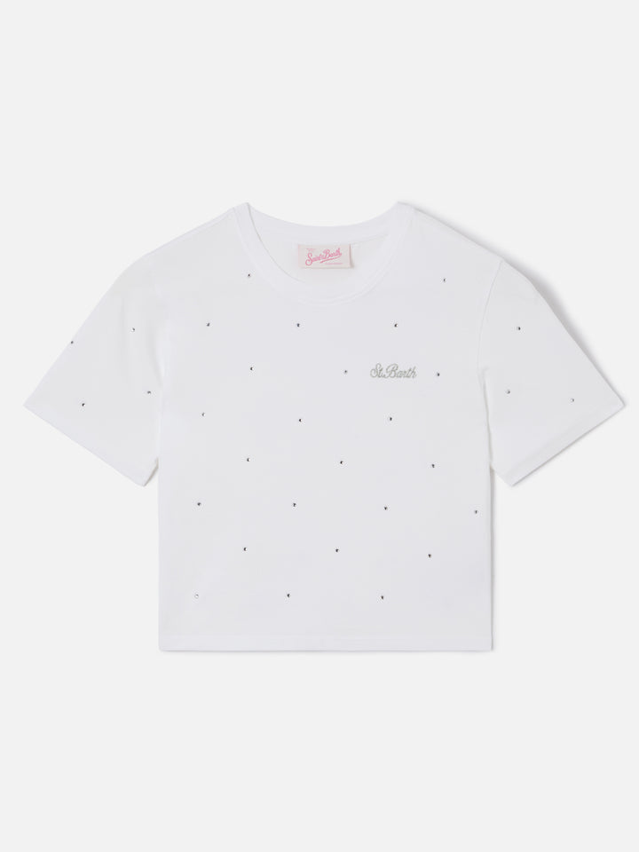 T-shirt Nives in cotone bianco con strass all-over