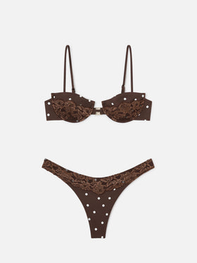 Nalina Triangel-Bikini aus brauner Spitze mit Polka Dots 