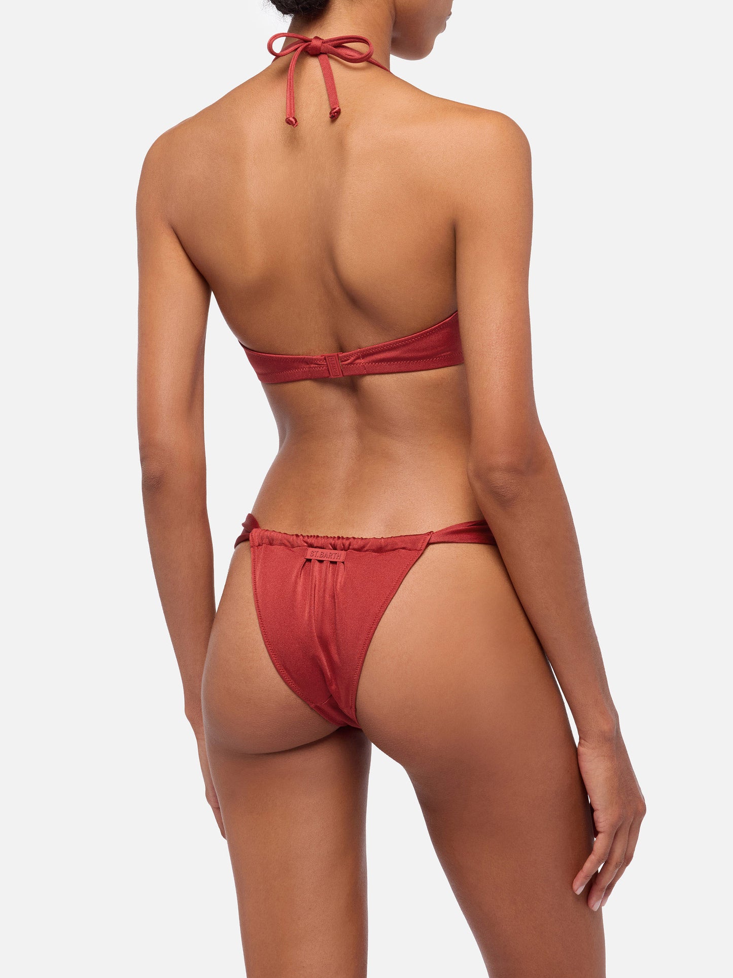 Norah slip mare cheeky con stampa cow skin - Gaia top bralette triangolo rosso mattone shimmer