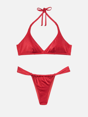 Norah slip mare cheeky con stampa cow skin - Gaia top bralette triangolo rosso mattone shimmer