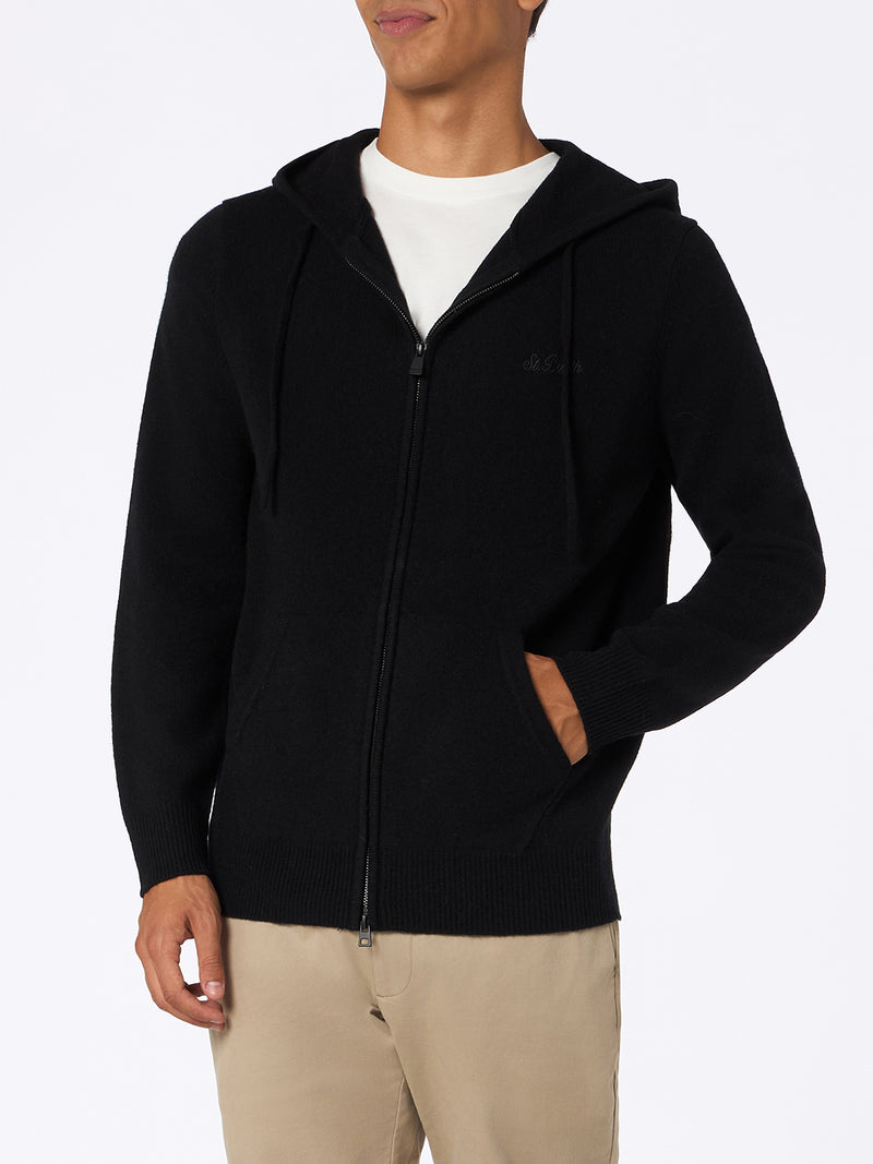 Man black lambswool hooded sweater Notting