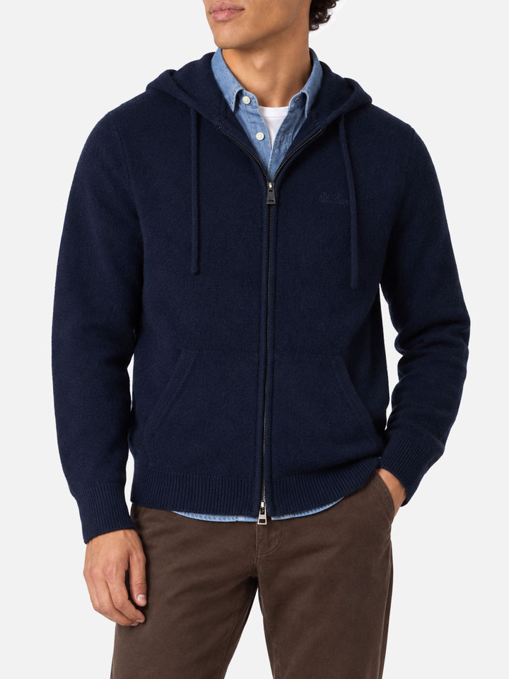 Pull à capuche en laine Notting de couleur unie bleu marine 